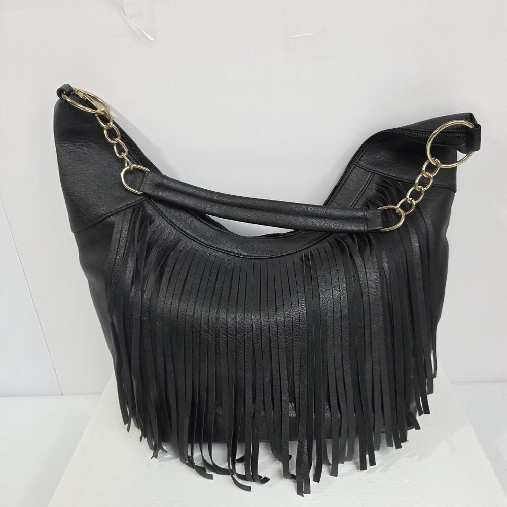 Black Fringe Hobo Shoulder Bag Womens Faux Leather Chain Strap Purse
